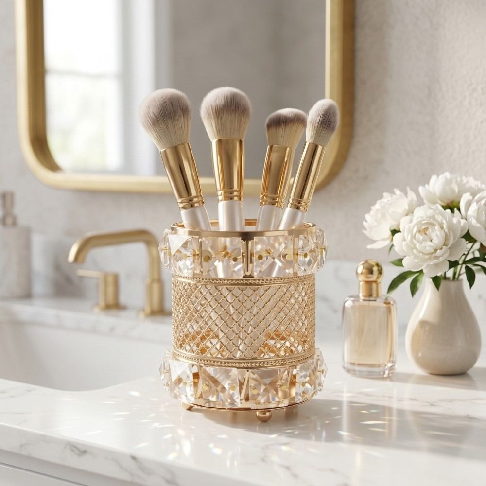 Luxury Skincare And Makeup Brands - ゴールドメイクブラシホルダーオーガナイザー クリスタル豪華ペンホルダー エレガントなキラキラコスメティック収納ボックス バスルームカウンタートップ